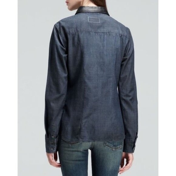 Rag & Bone Women's Medium Tinted Resin Classic Collar Chambray Shirt Leather Top - Picture 2 of 8